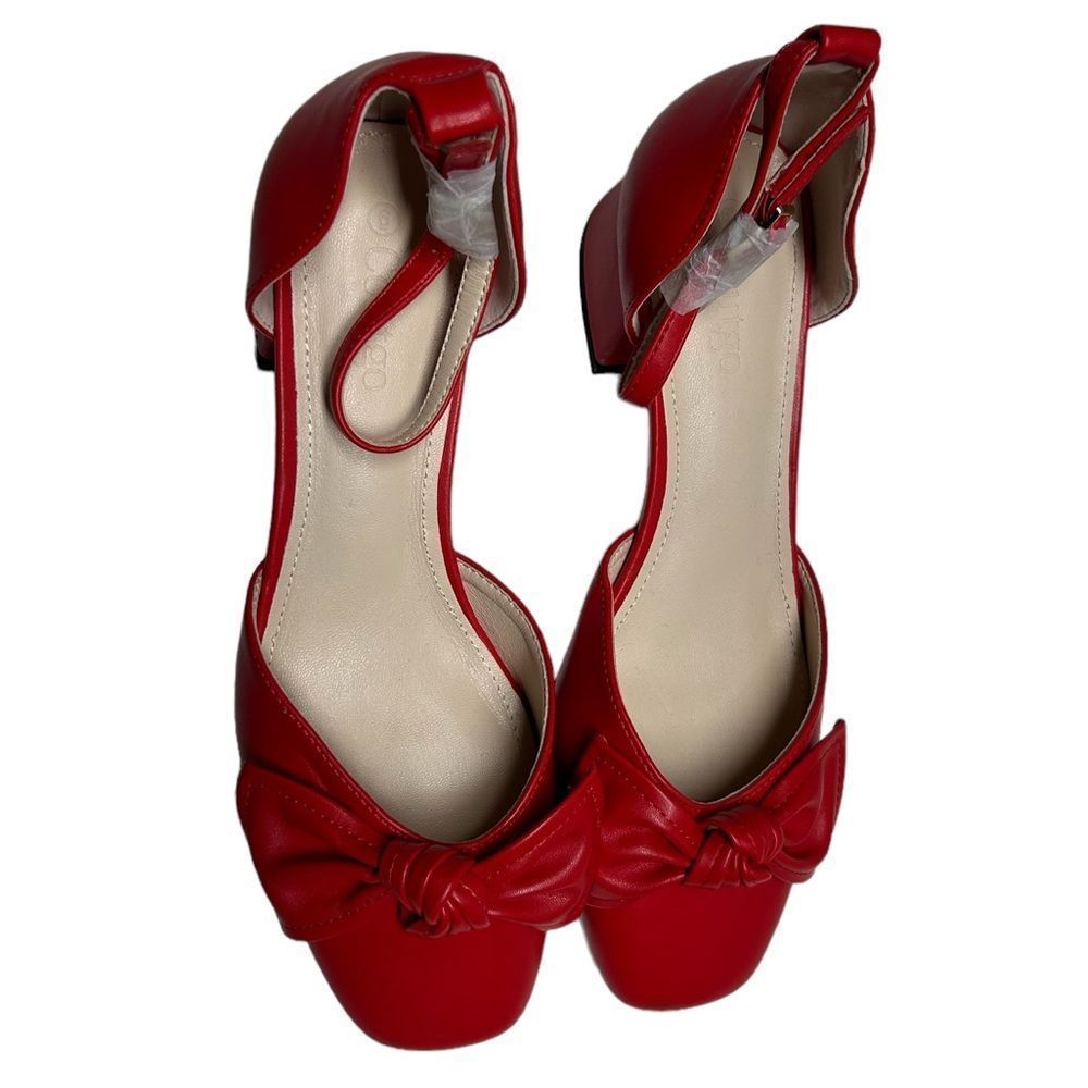Coutgo Red Small Heels Block Heel Bow on Top Formal Cute Dress Shoes Size 6